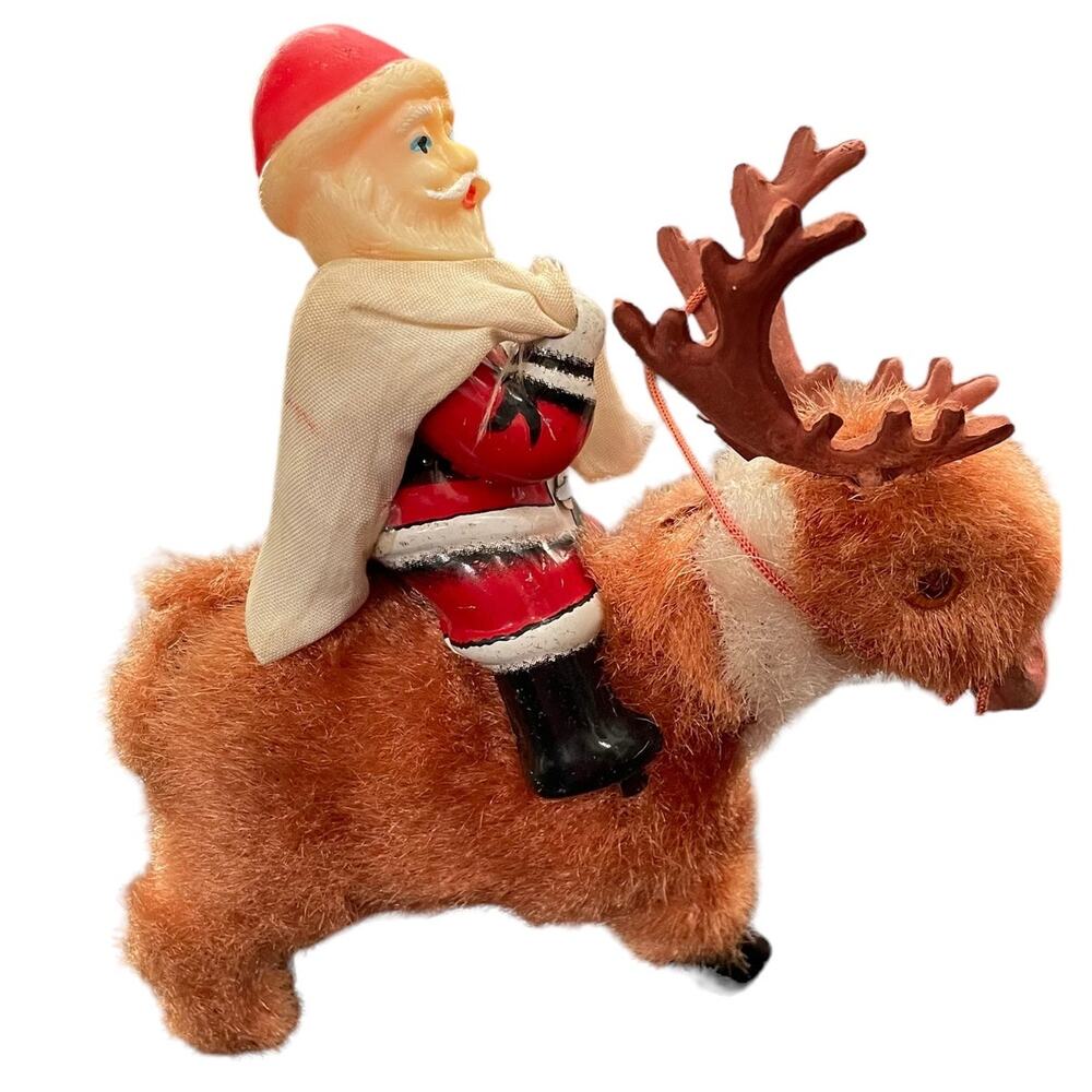 Vintage Mechanical Christmas Wind Up Toy Santa on Reindeer Litho Tin 1950s READ